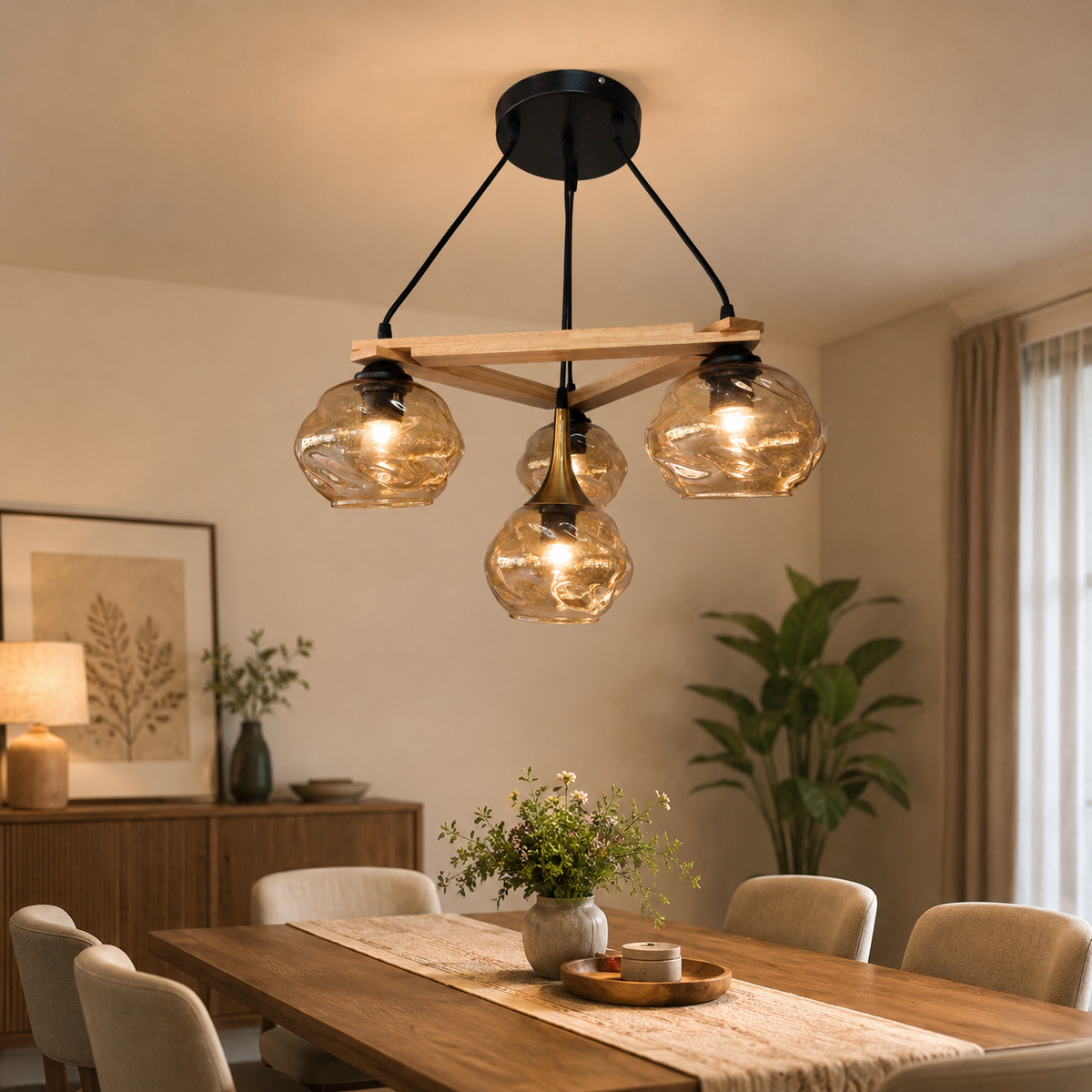 Rustic Oak 4-Light Glass Pendant Chandelier