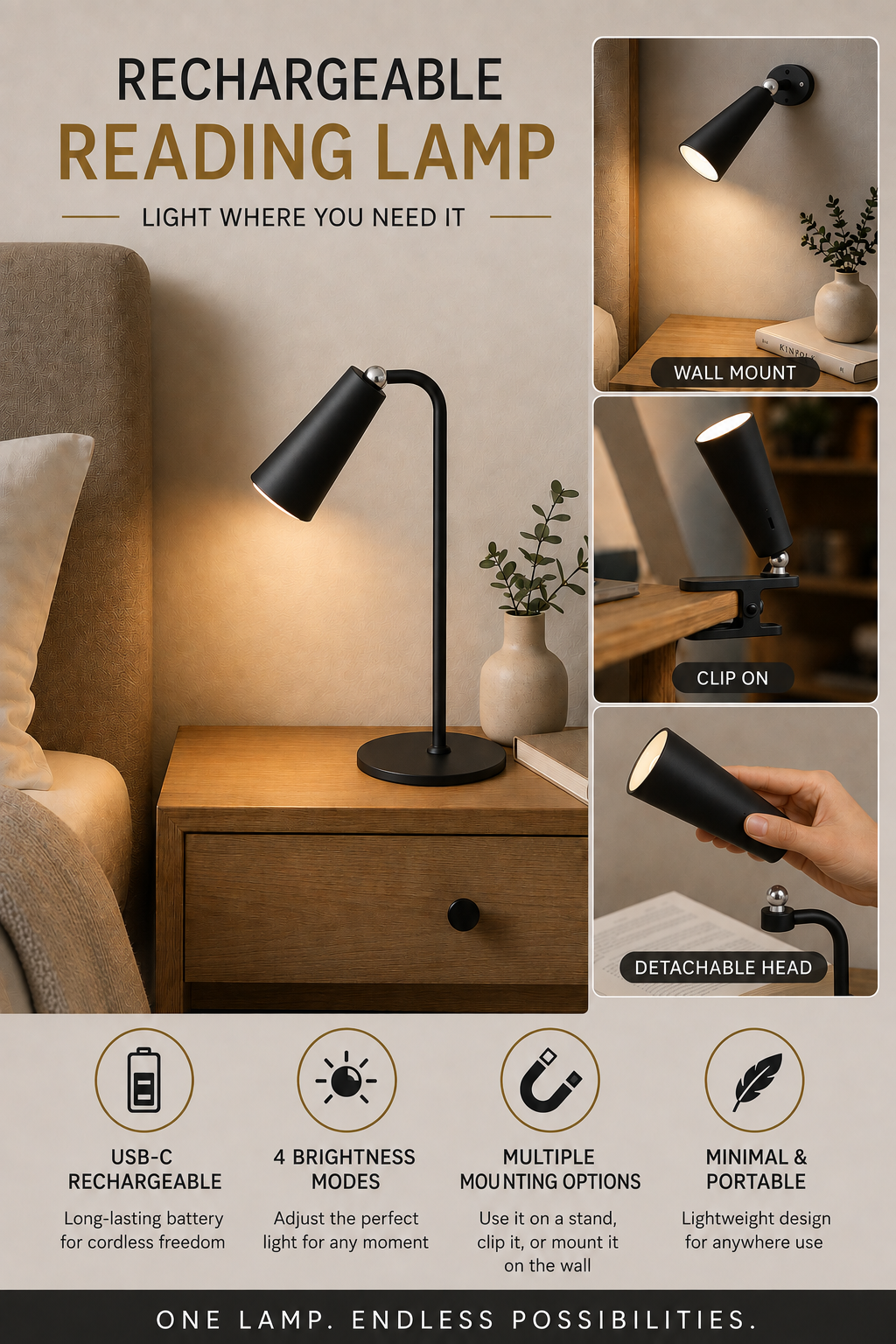 Rechargeable LED Reading Lamp Black 106P