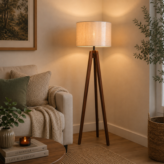 Dark Walnut Wooden Tripod Floor Lamp